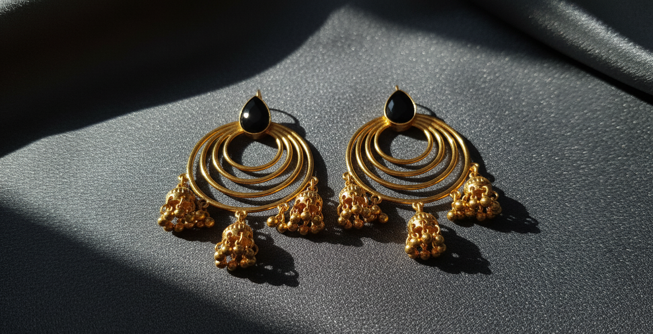 Gold Tone Multi-Hoop Jhumka Drop Earrings with Black Stone