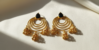 Gold Tone Multi-Hoop Jhumka Drop Earrings with Black Stone