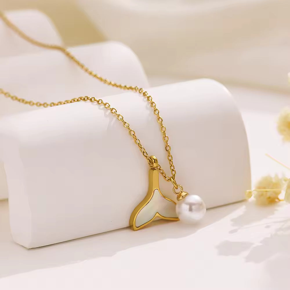 Gold Mermaid Tail & Pearl Pendant Necklace