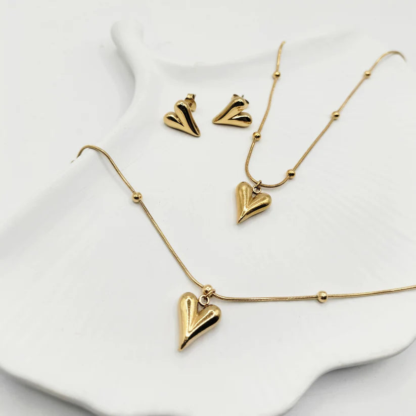 Golden Heartbeat Stainless Steel Full Jewelry Set  Necklace Bracelet & Earrings