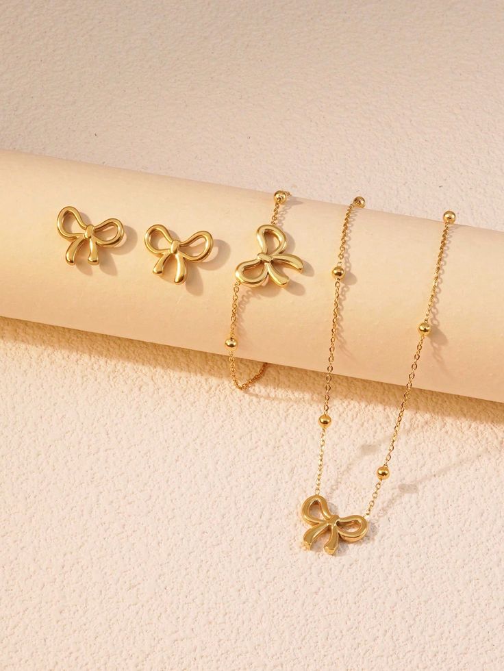 3-Piece Dainty Ribbon Bow Jewellery Set - Gold Plated Stainless Steel