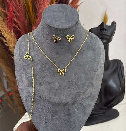 3-Piece Dainty Ribbon Bow Jewellery Set - Gold Plated Stainless Steel
