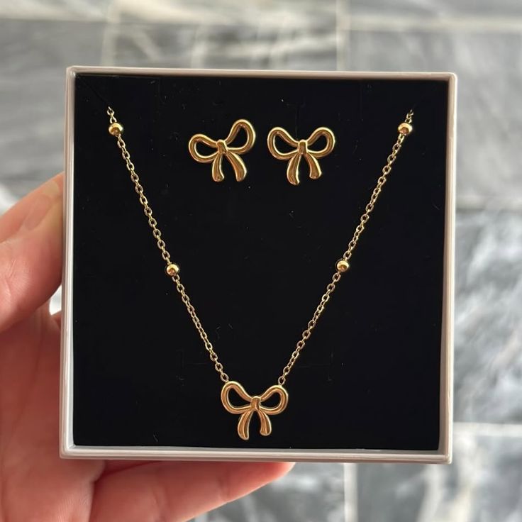 3-Piece Dainty Ribbon Bow Jewellery Set - Gold Plated Stainless Steel