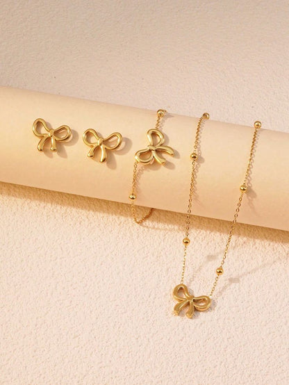 Dainty Ribbon Bow 3-Piece Set – Gold-Plated Stainless Steel