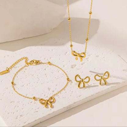 3-Piece Dainty Ribbon Bow Jewellery Set - Gold Plated Stainless Steel