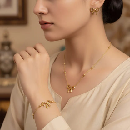 3-Piece Dainty Ribbon Bow Jewellery Set - Gold Plated Stainless Steel
