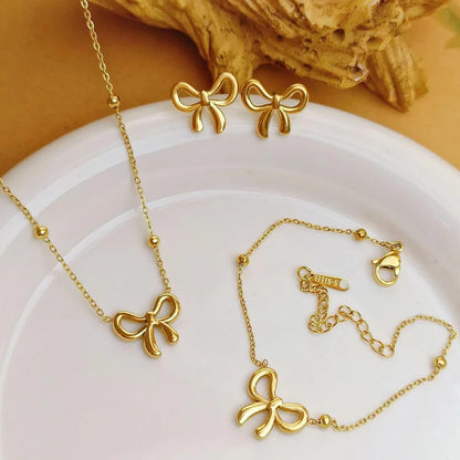 3-Piece Dainty Ribbon Bow Jewellery Set - Gold Plated Stainless Steel