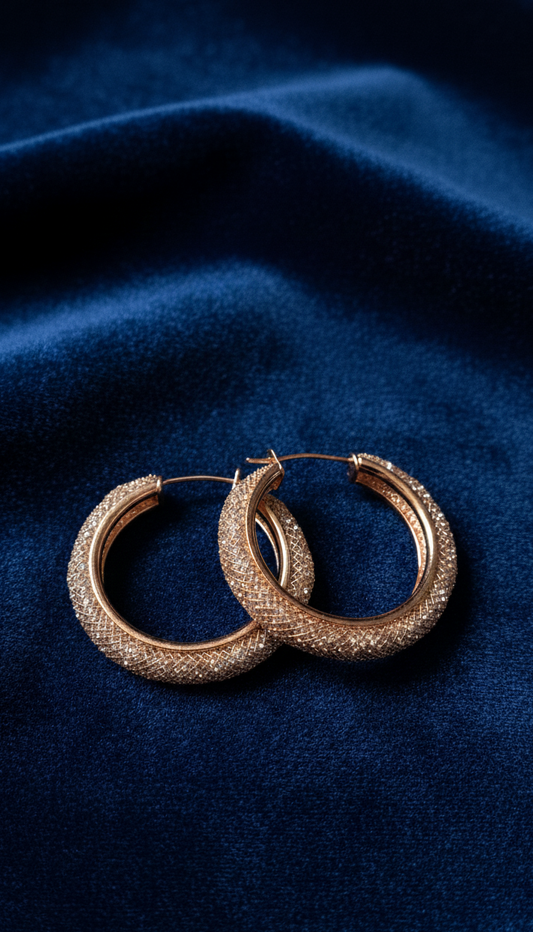Elevate your style with the radiant glow of these Dazzling Rose Gold Mesh Pave Hoop Earrings.
