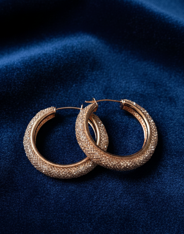 Dazzling Rose Gold Mesh Pave Hoop Earrings – Radiant & Stylish
