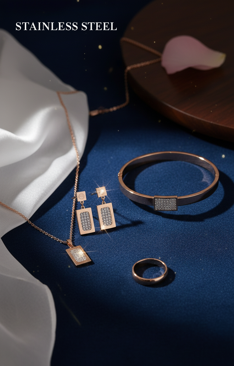 Rose Gold Plated Stainless Steel Pave Bar Jewelry Set