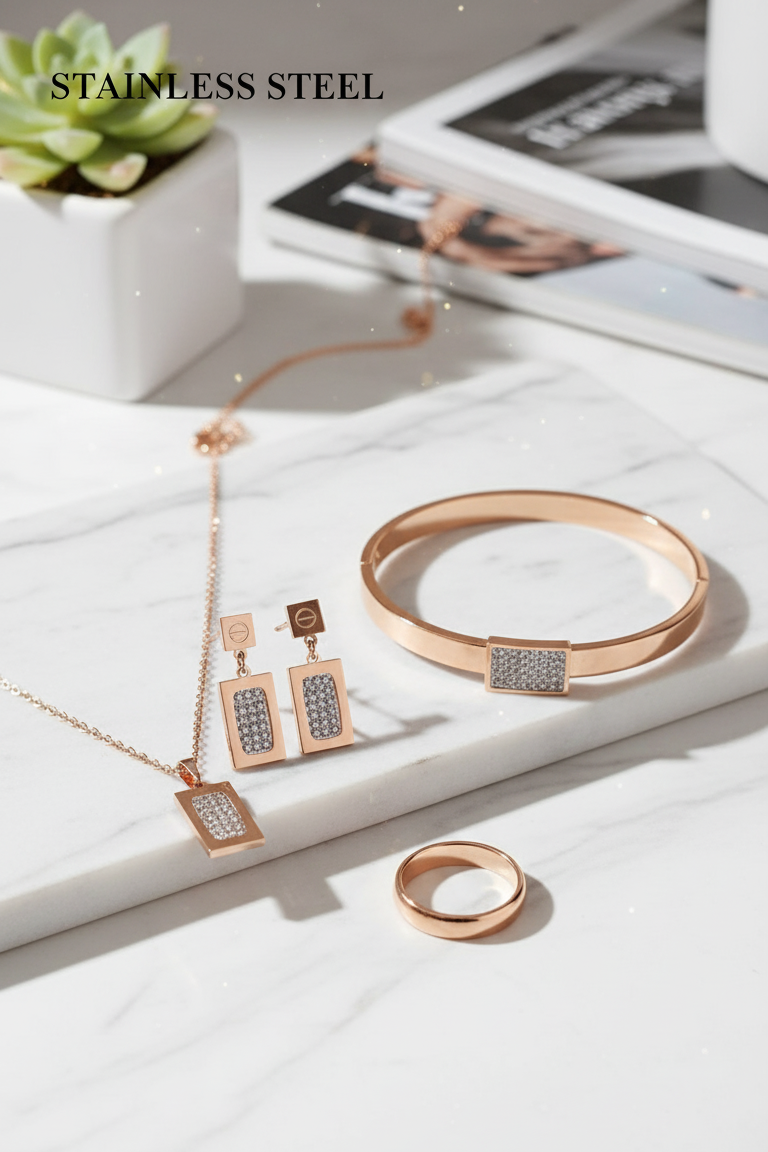 Rose Gold Plated Stainless Steel Pave Bar Jewelry Set