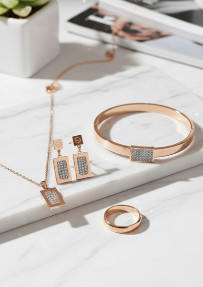 Rose Gold Plated Stainless Steel Pave Bar Jewelry Set