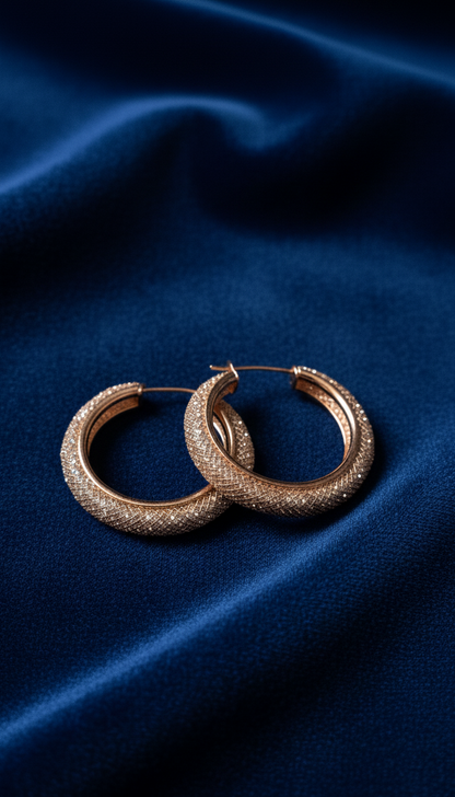 Elevate your style with the radiant glow of these Dazzling Rose Gold Mesh Pave Hoop Earrings.