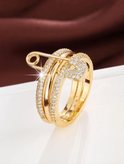Gold Safety Pin Crystal Triple Stacked Ring
