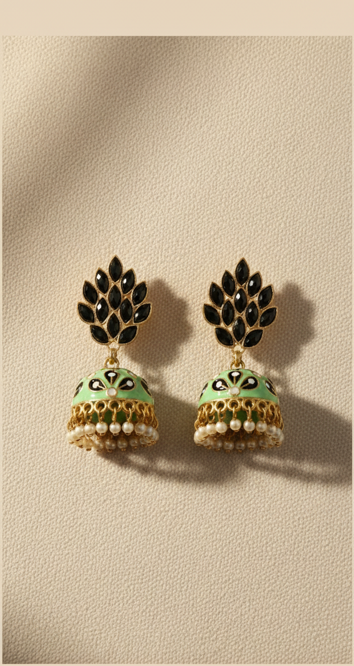 Mint Meenakari Jhumkas with Onyx Bloom Drops