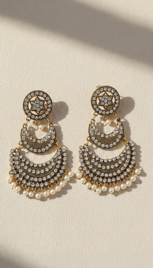 Royal Radiance Triple-Tier Oxidized Jhumka with Pearl Detailing