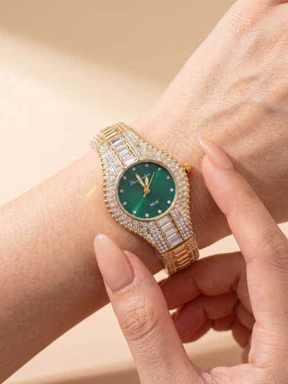 Women’s Gold Rhinestone Watch with Emerald Green Face