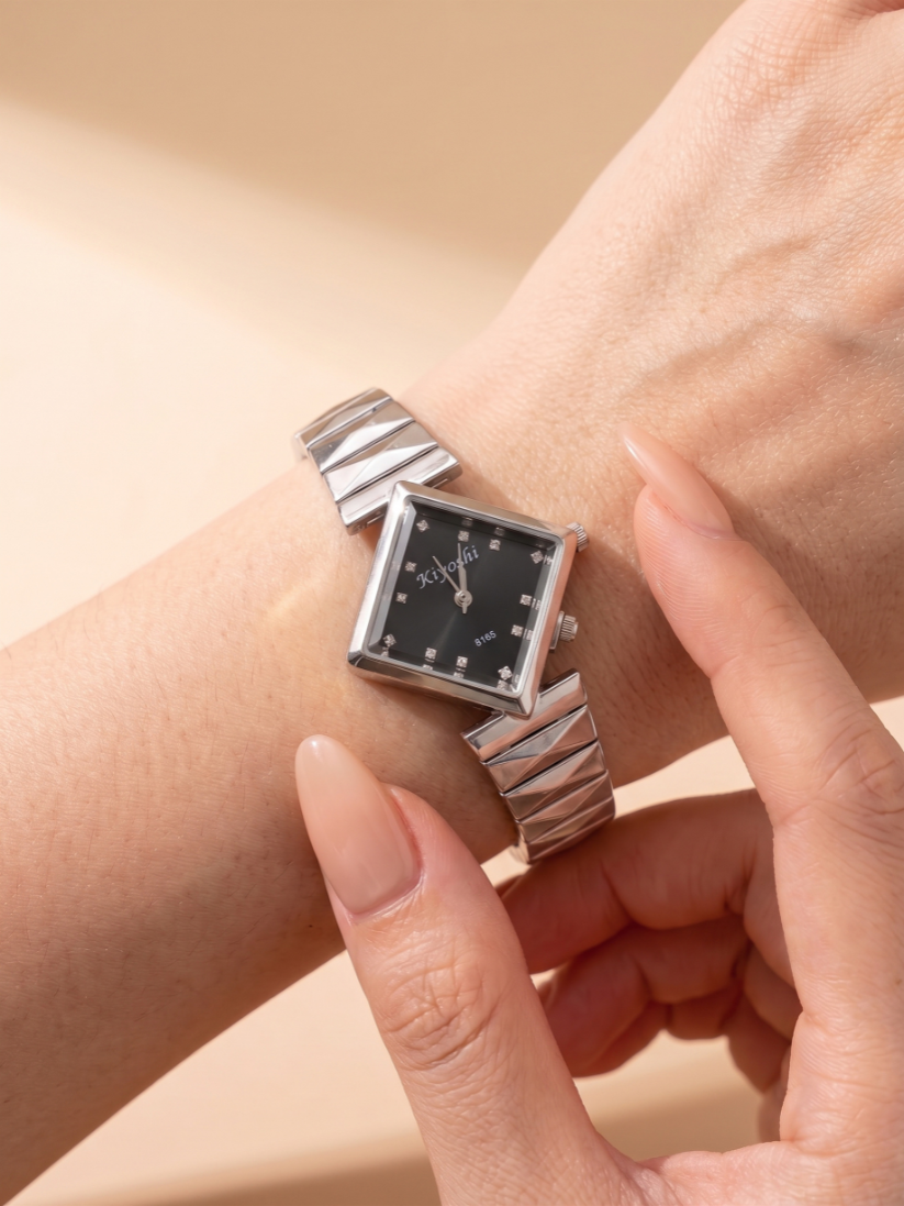Geometric Crystal Accent Silver Dress Watch – Black Dial