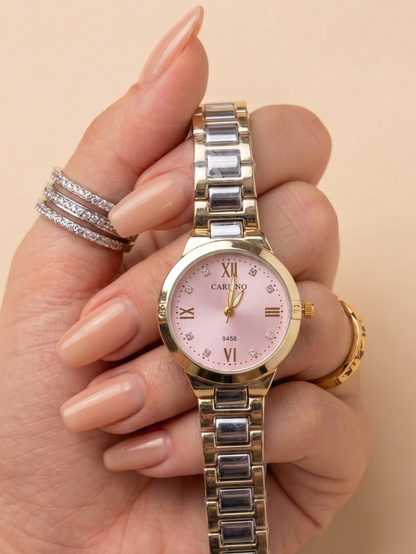 Minimalist Light Pink Dial Crystal Accent Gold Watch