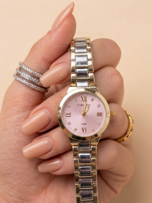 Minimalist Light Pink Dial Crystal Accent Gold Watch