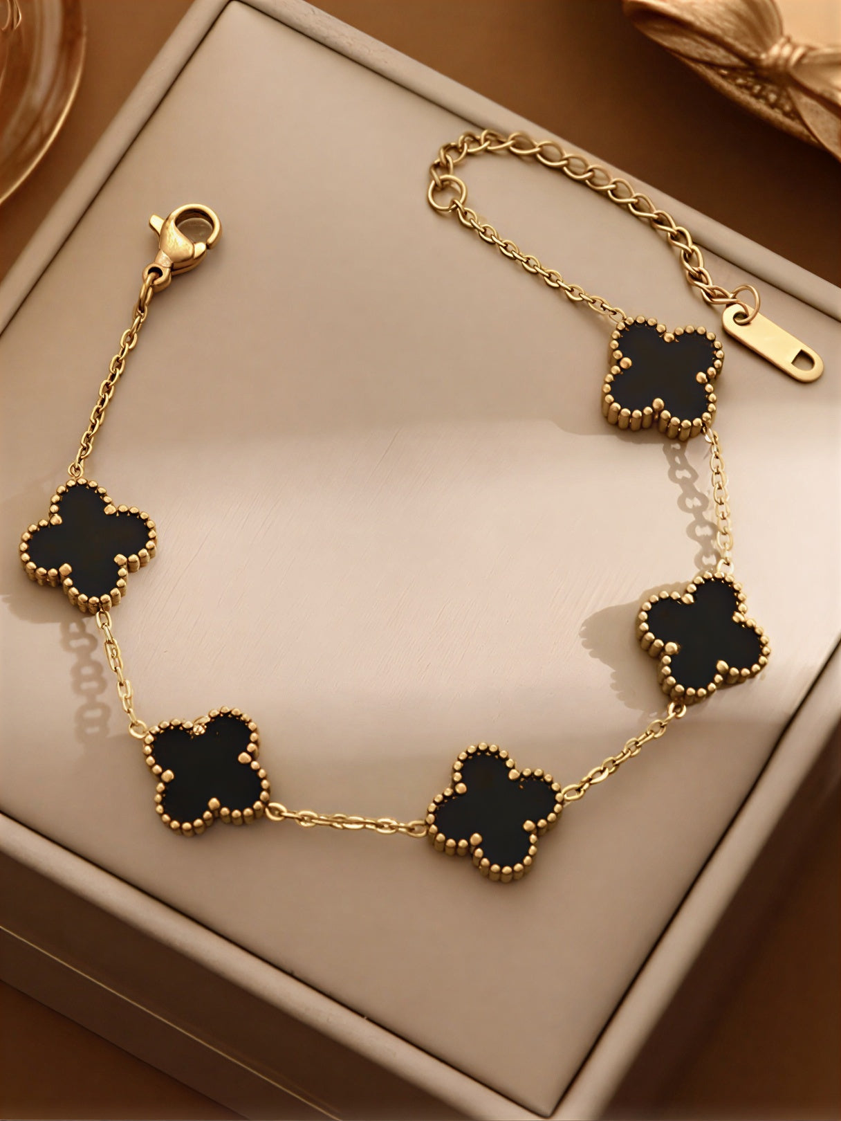 Midnight Clover Delicate Gold Chain Bracelet