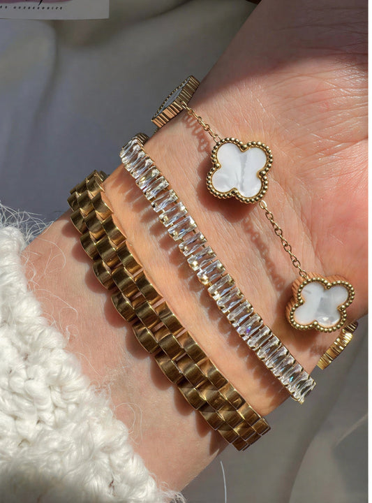 Gold Clover Charm Bracelet Stack with Crystal Tennis & Chain