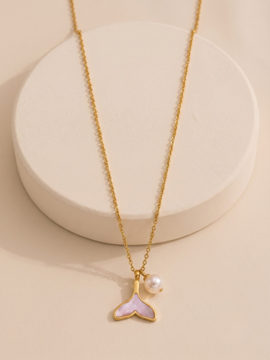 Gold Mermaid Tail & Pearl Pendant Necklace