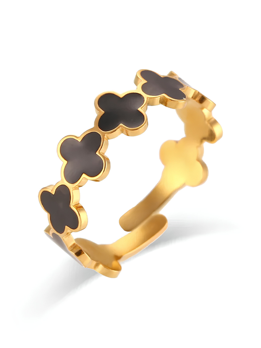 Gold Black Clover Open Band Adjustable Ring