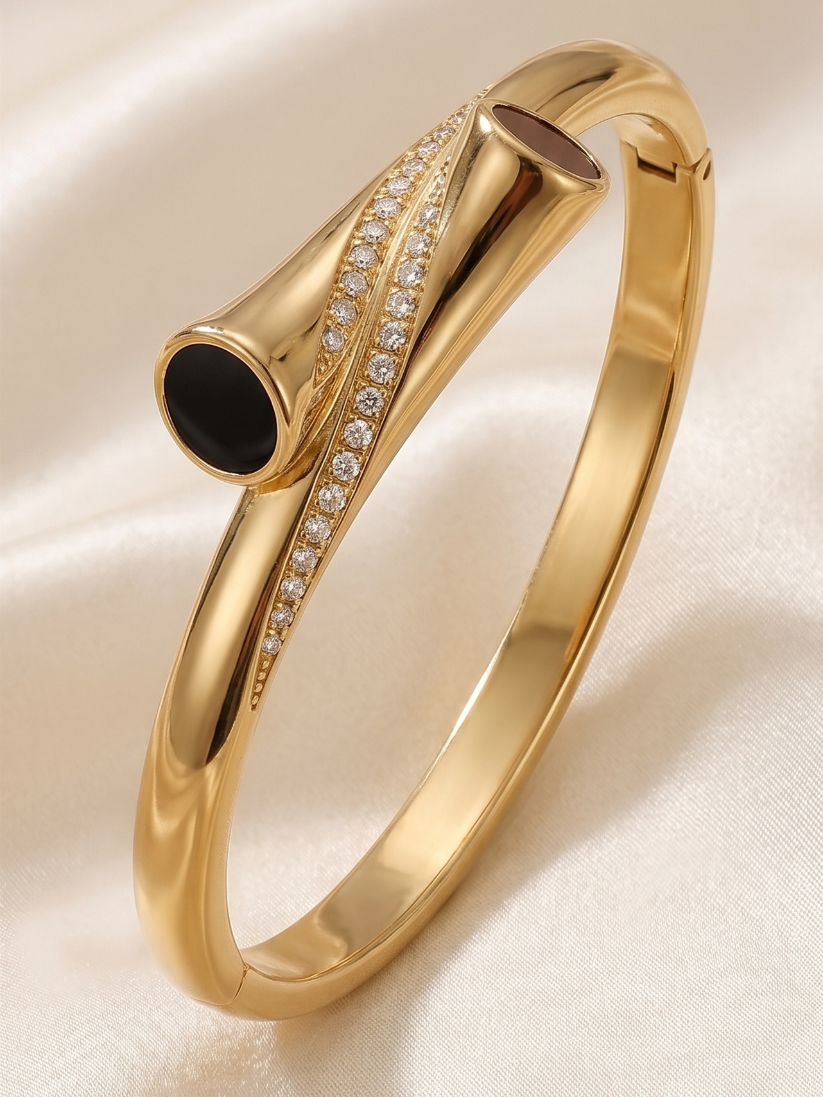 Gold Black Enamel Crystal Accent Bangle