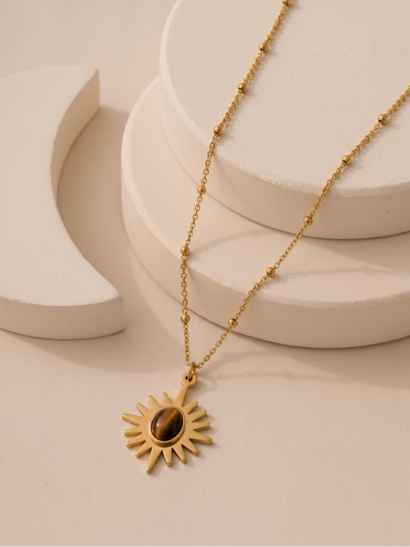 Gold Tiger Eye Sunburst Pendant Necklace