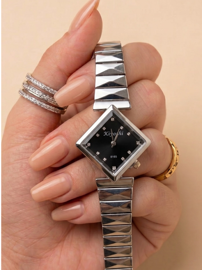 Geometric Crystal Accent Silver Dress Watch – Black Dial