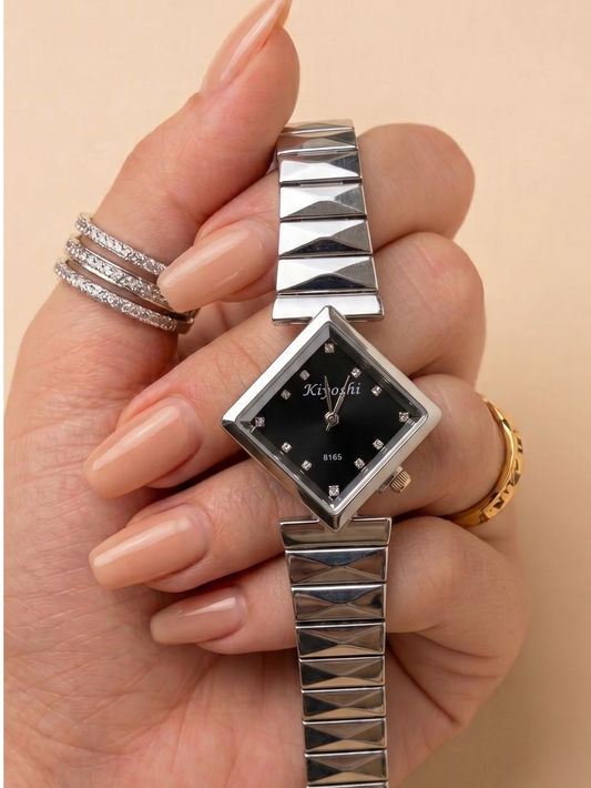 Geometric Crystal Accent Silver Dress Watch – Black Dial
