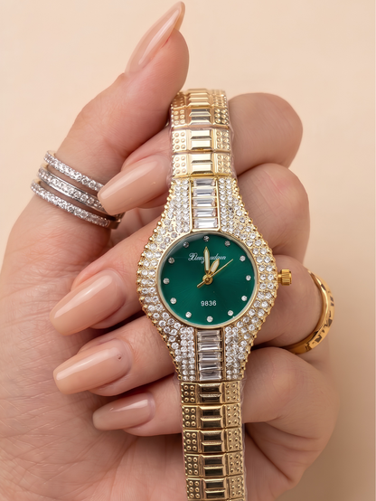 Women’s Gold Rhinestone Watch with Emerald Green Face