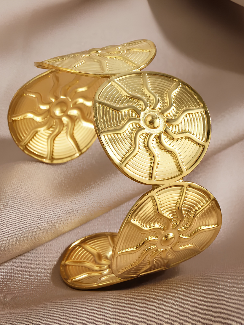 Gold Textured Sunburst Disc Cuff Bangle