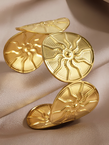 Gold Textured Sunburst Disc Cuff Bangle