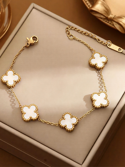 18K Gold Plated Mother of Pearl White Clover Bracelet