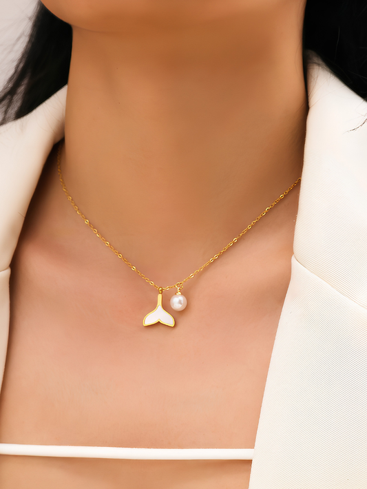 Gold Mermaid Tail & Pearl Pendant Necklace