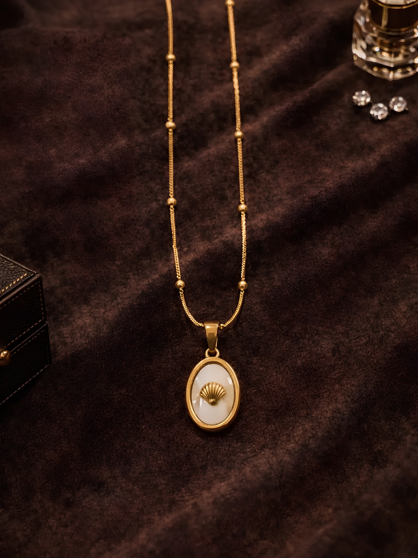 Golden Shell Oval Medallion Pendant Necklace