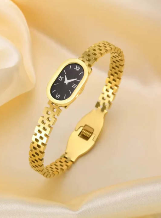 Gold Minimalist Bangle Watch – with Fake Black Dial