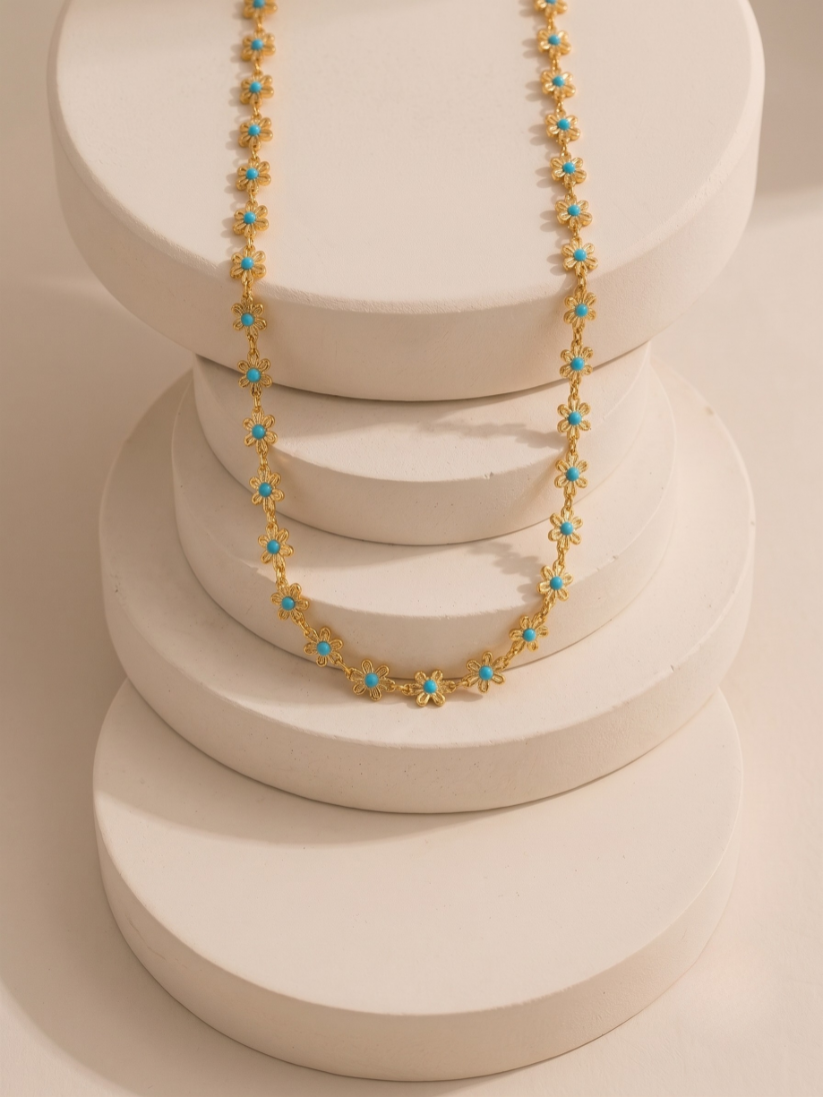 Delicate Gold Floral Chain with Turquoise Stone
