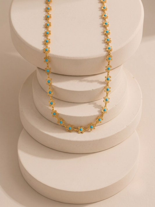 Delicate Gold Floral Chain with Turquoise Stone