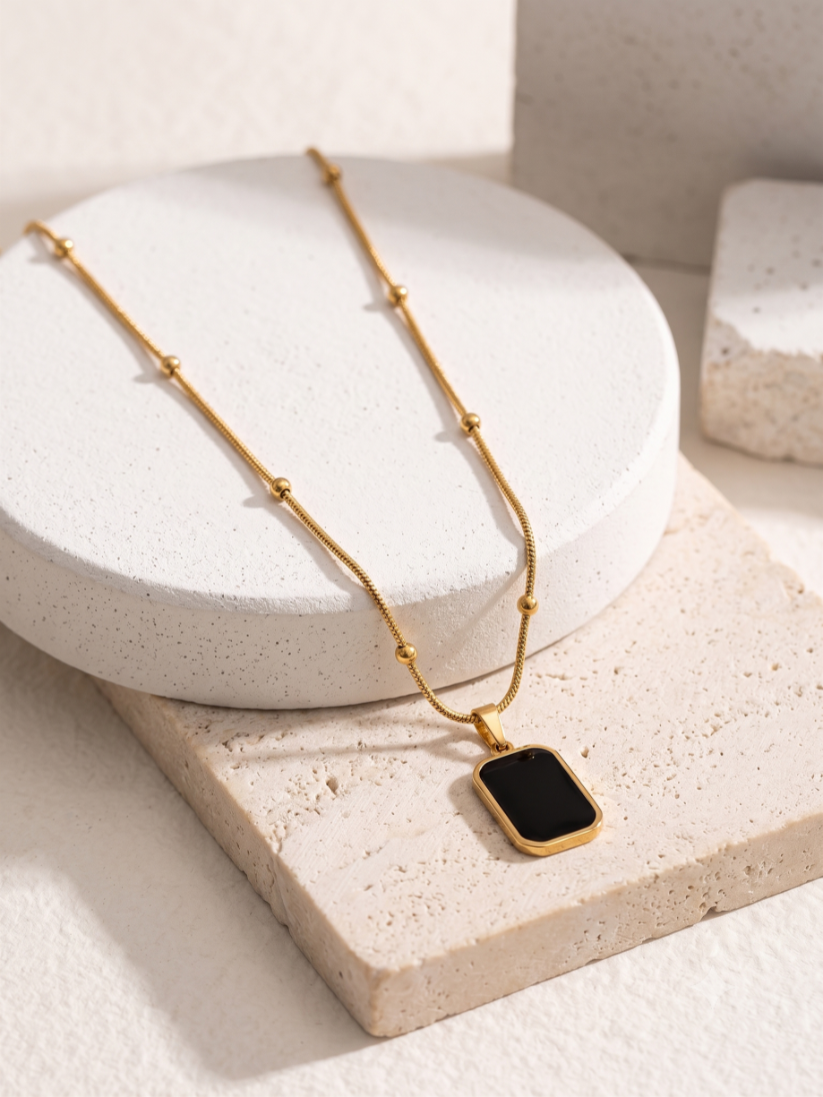 Golden Frame Black Onyx Pendant on Beaded Chain