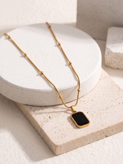 Golden Frame Black Onyx Pendant on Beaded Chain