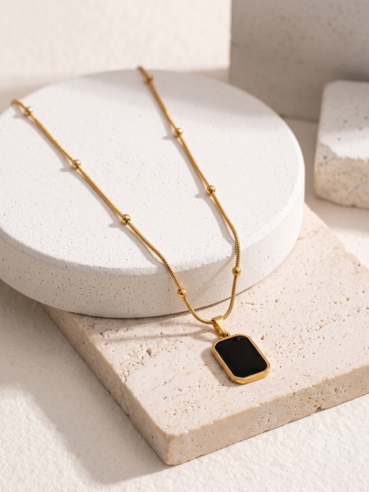 Golden Frame Black Onyx Pendant on Beaded Chain