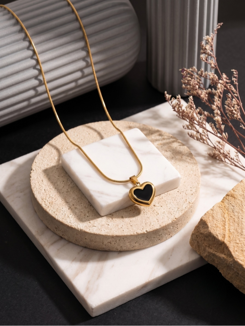 Golden Frame Black Enamel Heart Necklace