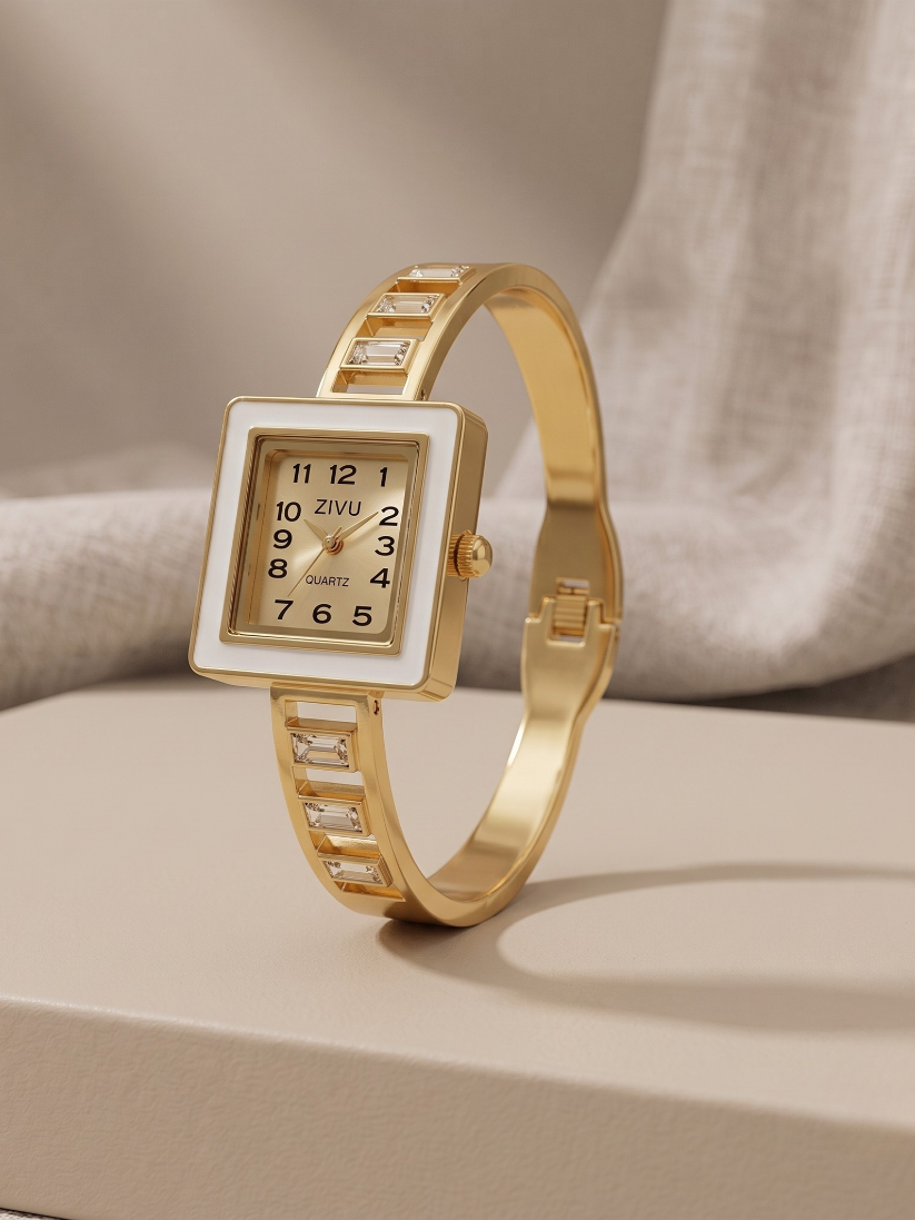 Real Quartz Movement Square Gold Bracelet Watch