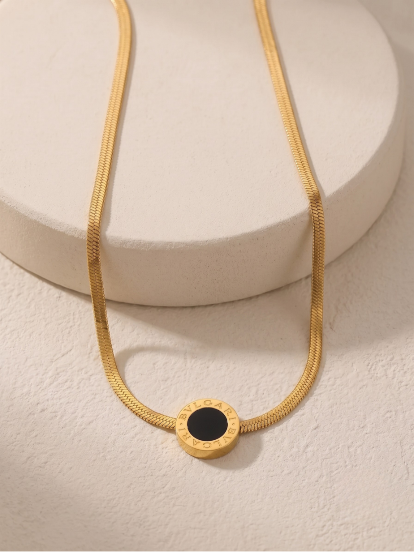 Gold Snake Chain Black Disc Necklace