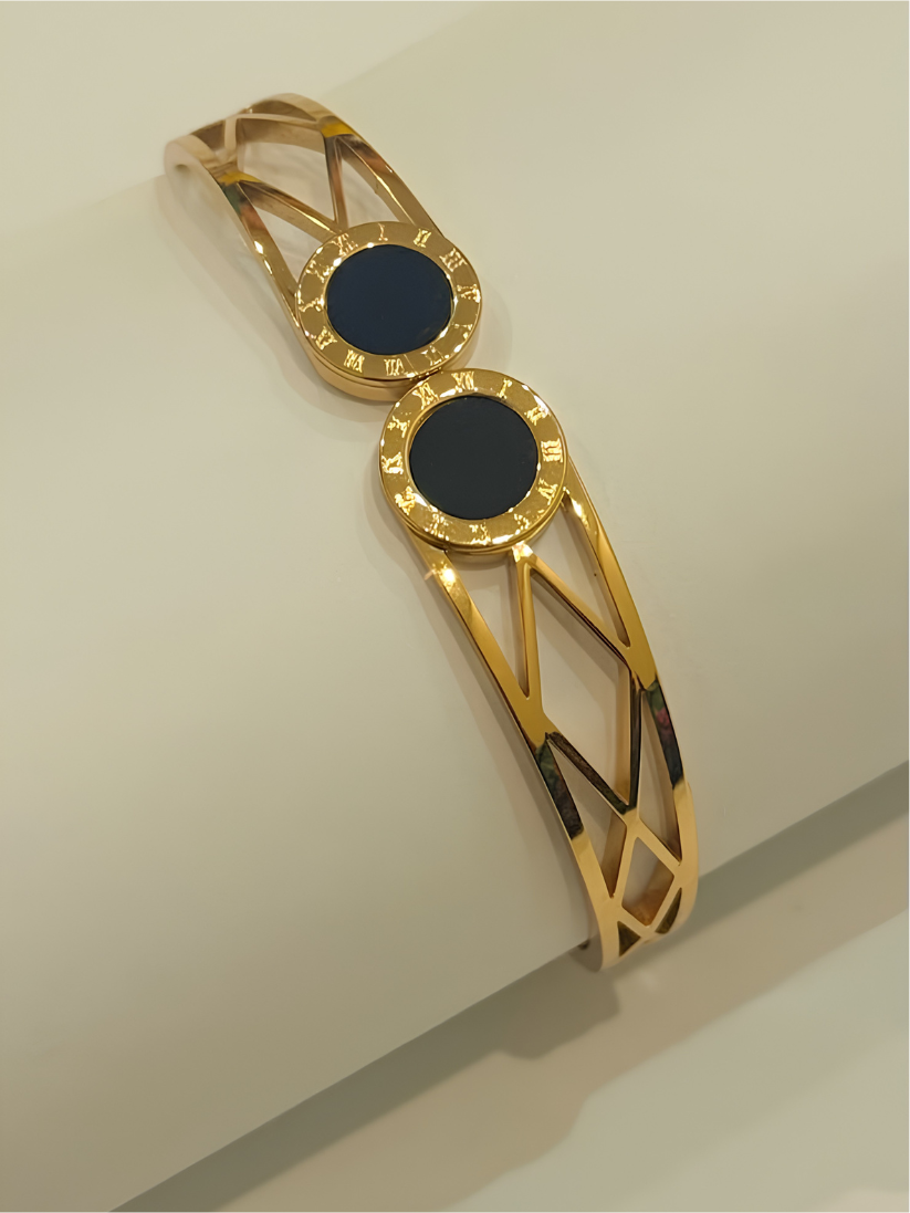 Gold Double Black Disc Roman Numeral Bangle