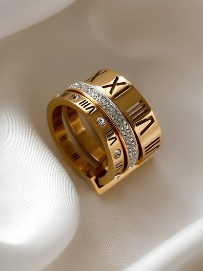 Gold Roman Numeral Crystal Stacked Ring