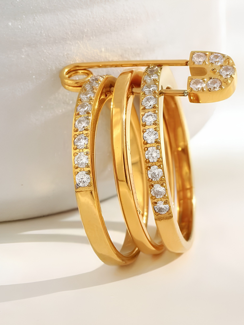 Gold Safety Pin Crystal Triple Stacked Ring